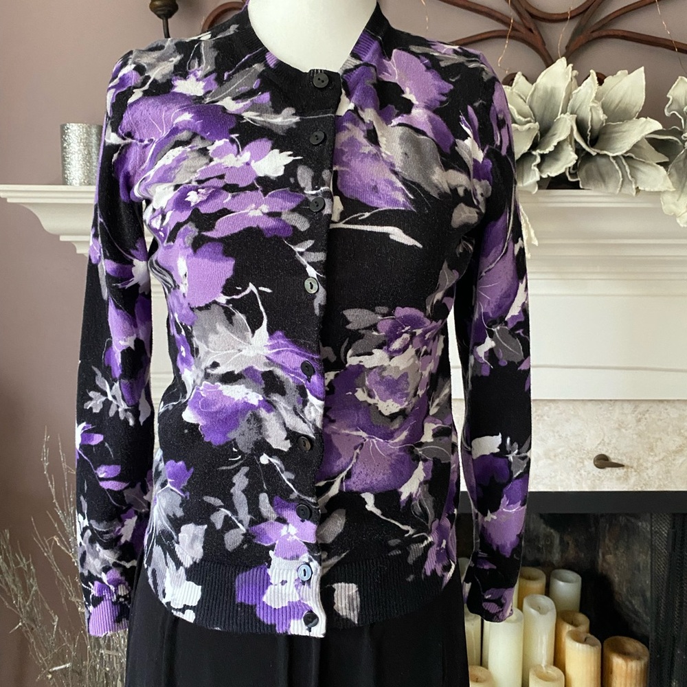 Karen Scott Black and Floral Print Cardigan